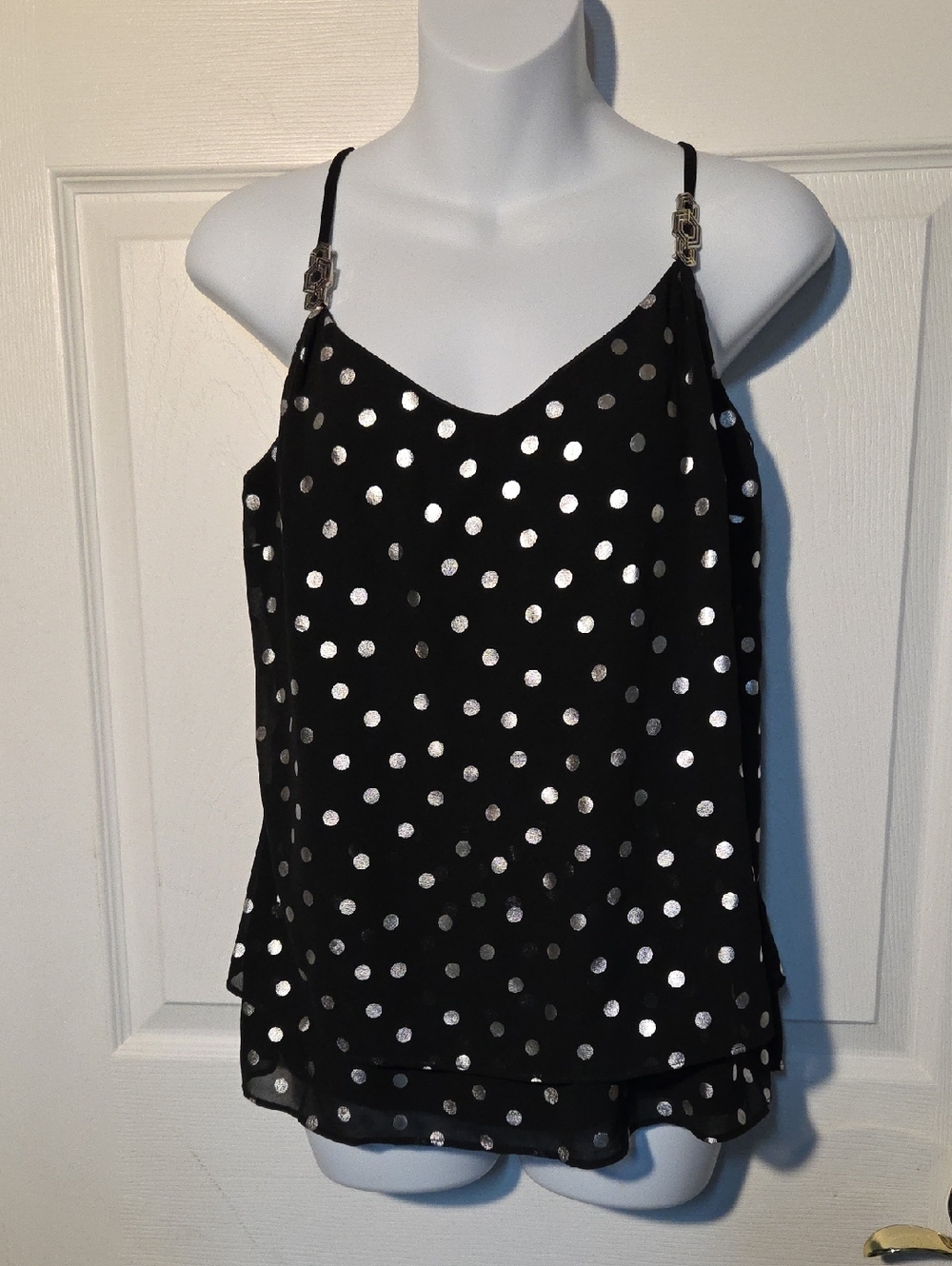 White House Black Market Black Satin Polka Dot Cami Tank Blouse Silver Dots Sz S
